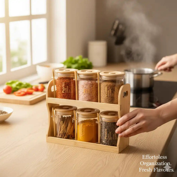 Ensemble de 6 Pots à Épices en Verre avec Support en Bambou et Cuillères