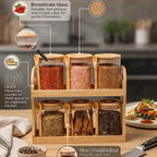 Ensemble de 6 Pots à Épices en Verre avec Support en Bambou et Cuillères