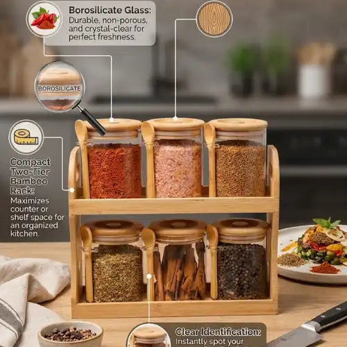 Ensemble de 6 Pots à Épices en Verre avec Support en Bambou et Cuillères