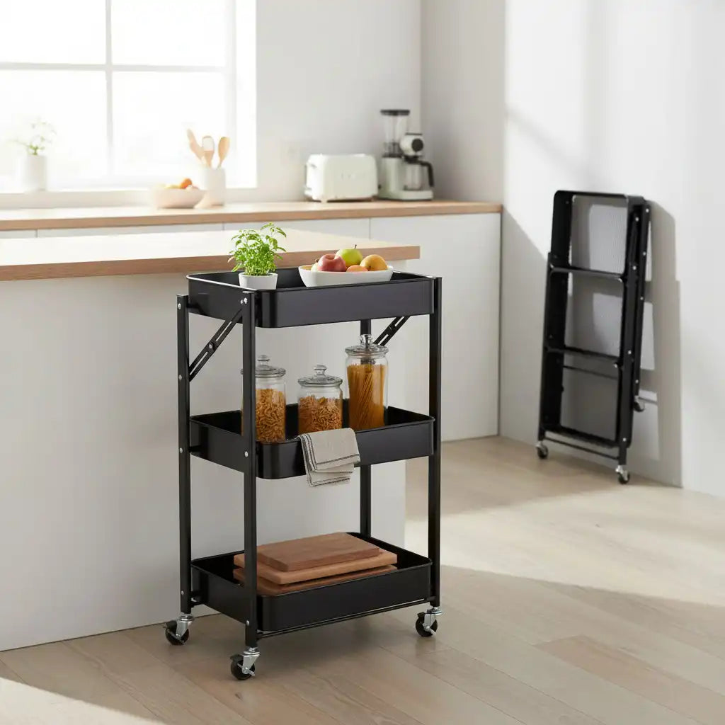 Chariot à Légumes en Métal Pliable – 3 Étages, Rangement Multifonction