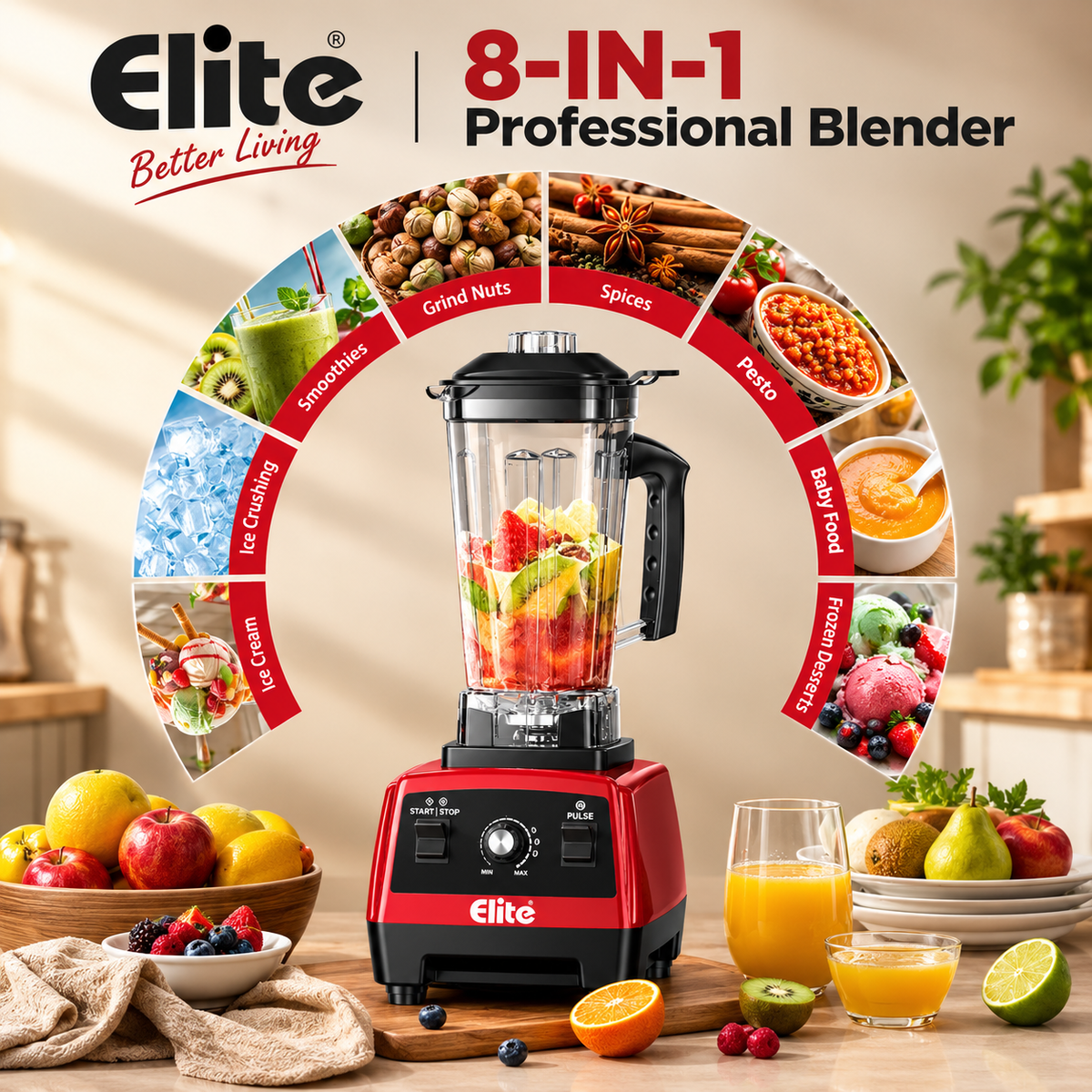 Blender Professionnel ELITE 8 en 1 – 15 Vitesses, Fonction Pulse
