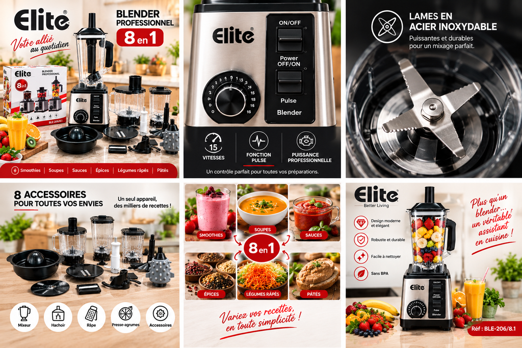 Blender Professionnel ELITE 8 en 1 – 15 Vitesses, Fonction Pulse