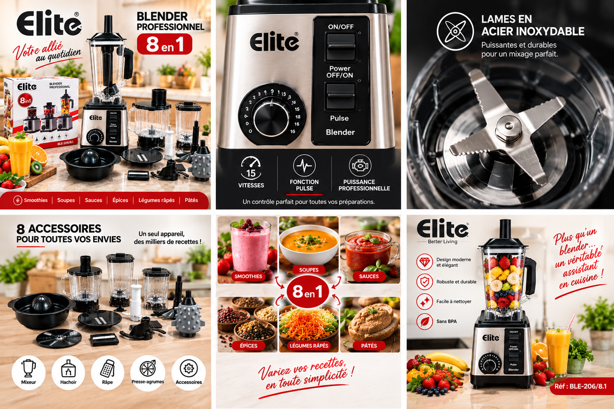 Blender Professionnel ELITE 8 en 1 – 15 Vitesses, Fonction Pulse