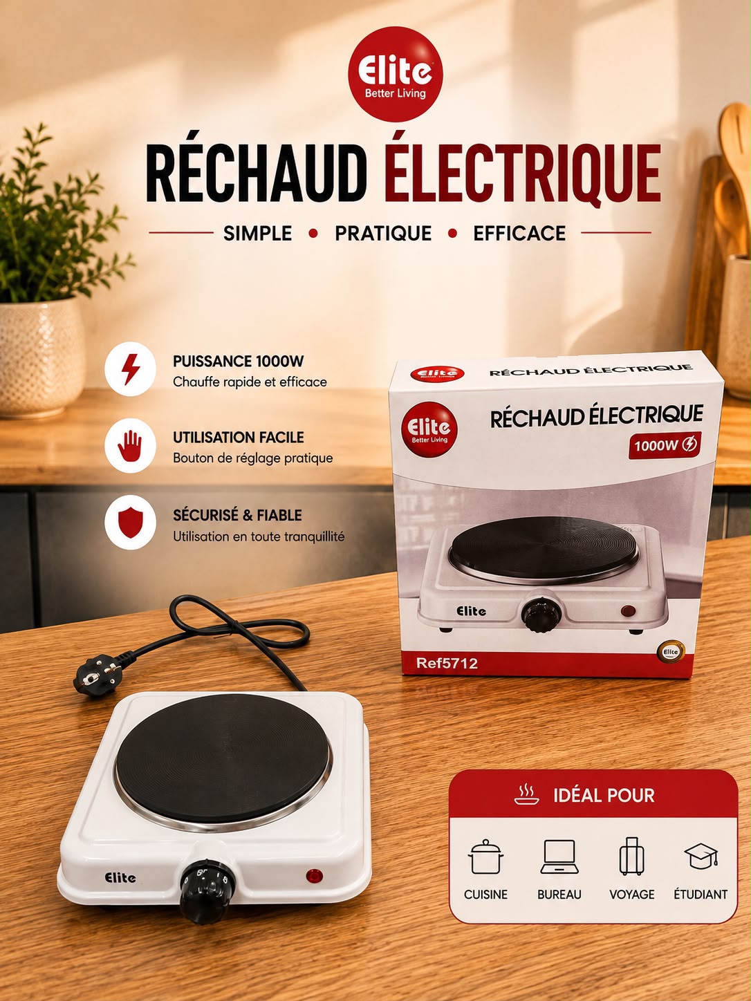 Réchaud électrique ELITE 1000W avec son emballage