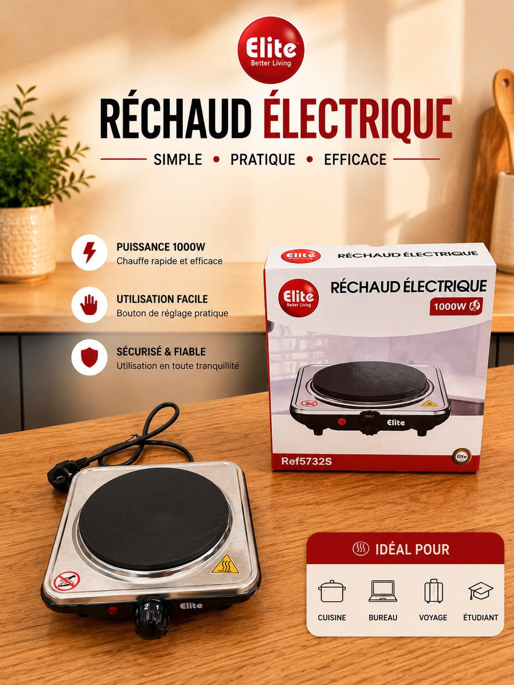 Réchaud électrique ELITE 1000W plaque noire