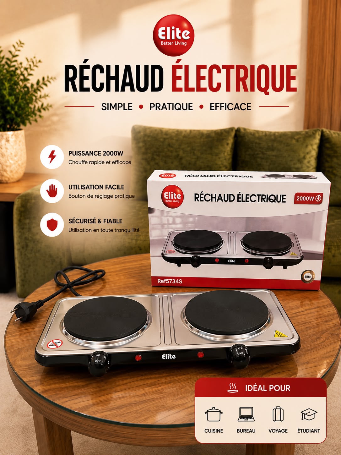 Réchaud électrique ELITE double 2000W