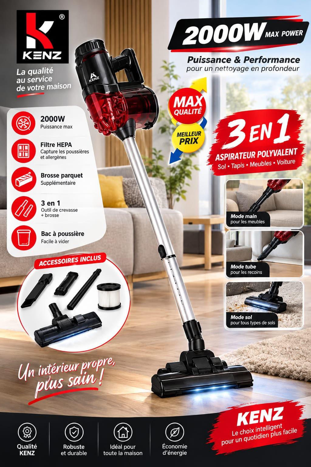 Aspirateur balai 3 en 1 KENZ 2000W - vue principale