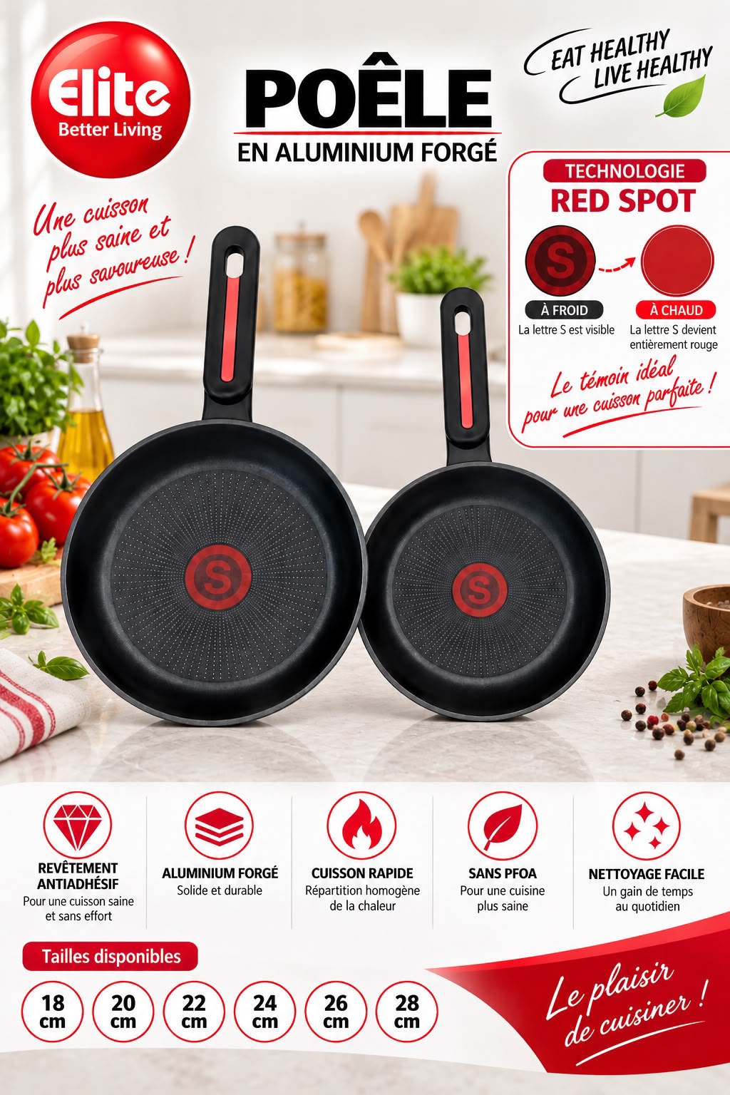 Poêle Elite en Aluminium Forgé Antiadhésive – Technologie Red Spot