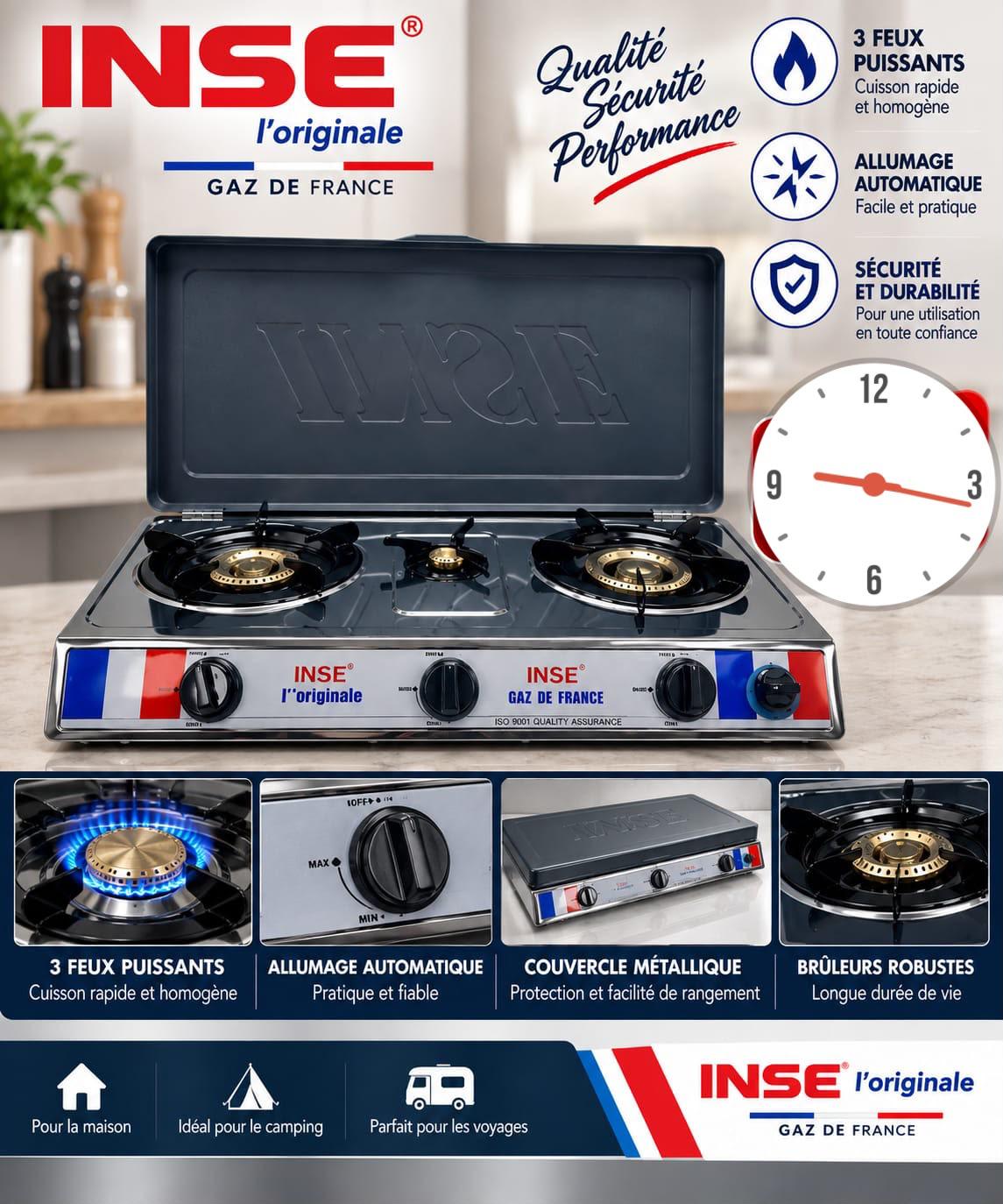 Réchaud à Gaz INSE 3 Feux avec Couvercle Métallique