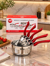 Service de 5 Casseroles en Inox ELITE avec Poignées Rouges