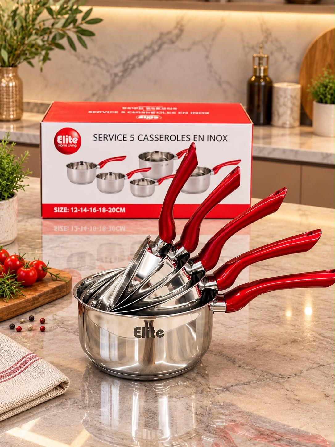 Service de 5 Casseroles en Inox ELITE avec Poignées Rouges