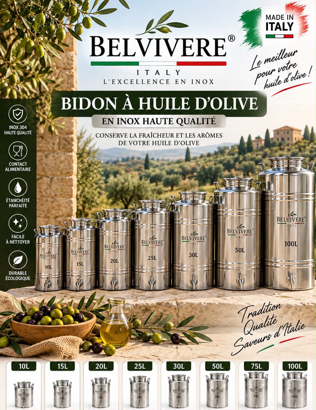 Bidon à Huile d’Olive en Inox BELVIVERE