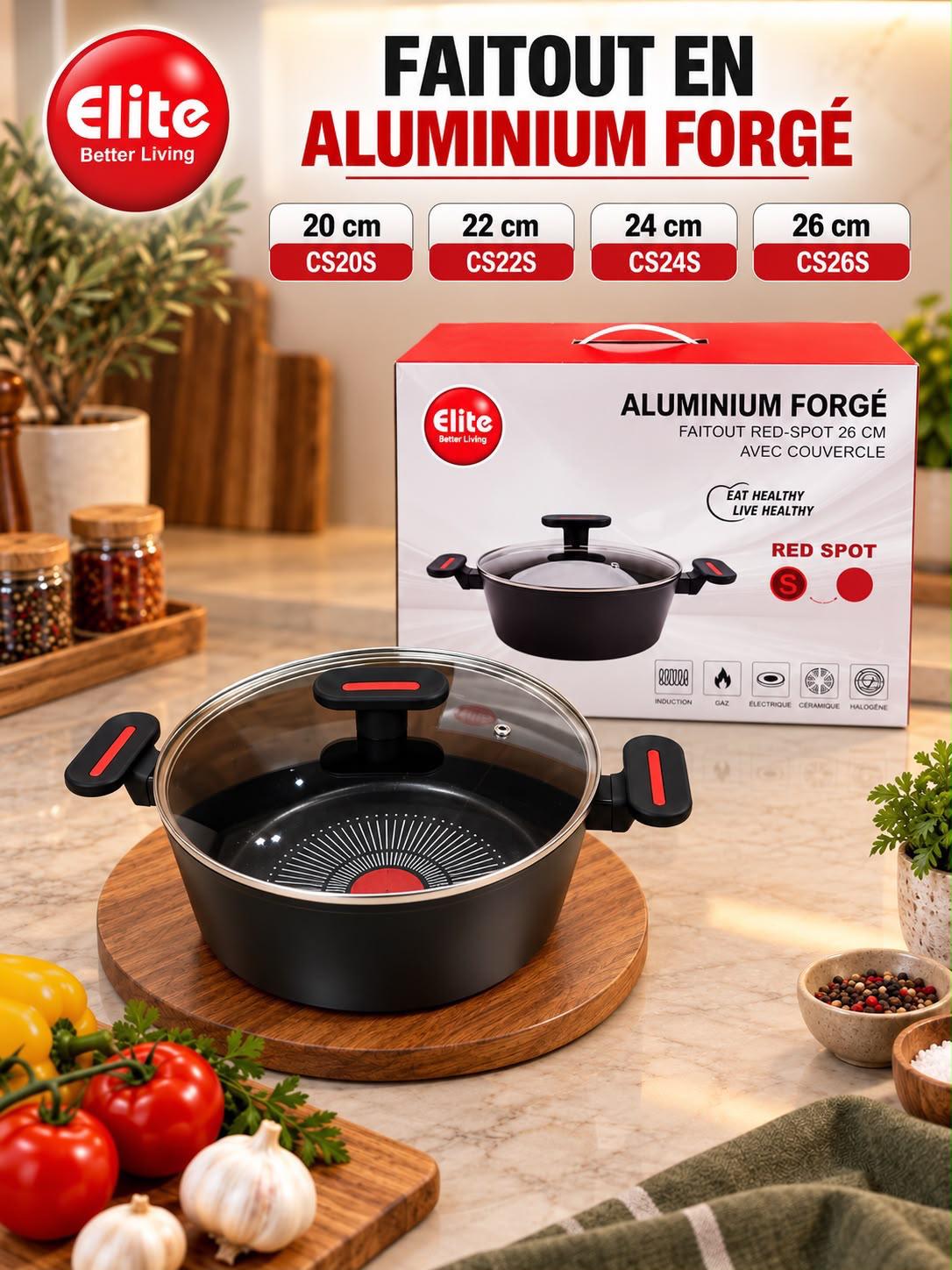 Faitout Elite en Aluminium Forgé avec Couvercle en Verre – Technologie Red Spot, 20 à 26 cm