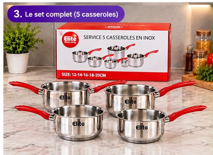 Service de 5 Casseroles en Inox ELITE avec Poignées Rouges