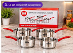 Service de 5 Casseroles en Inox ELITE avec Poignées Rouges
