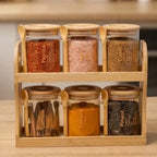 Ensemble de 6 Pots à Épices en Verre avec Support en Bambou et Cuillères