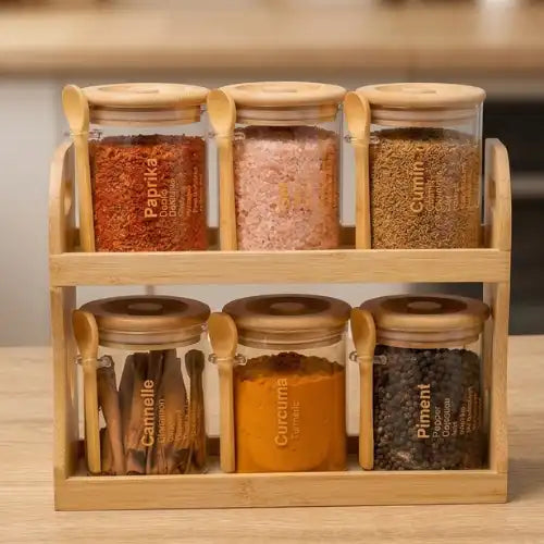 Ensemble de 6 Pots à Épices en Verre avec Support en Bambou et Cuillères